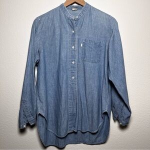VTG Levi's Women Chambray Tunic Top Large Henley Popover Long Sleeve Coastal‎